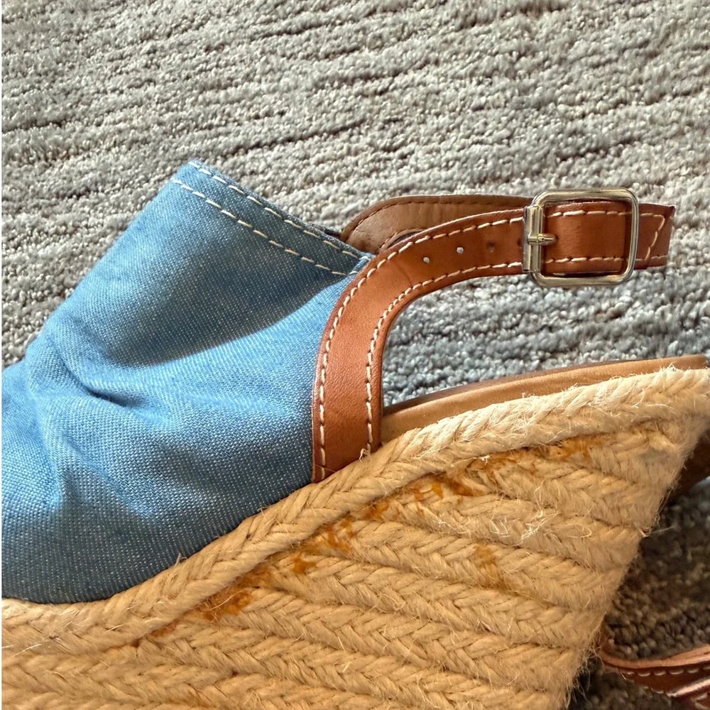 Denim Wedge Soda Women Espadrille Wedge Sandals Blue Ruched Slingback Size 5.5